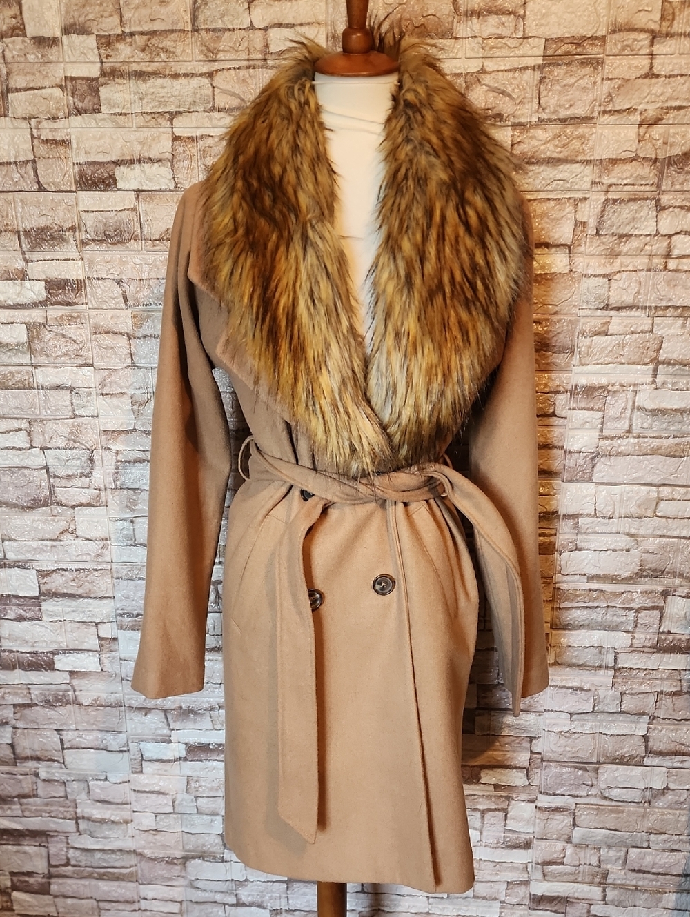 Express Womens Camel Wrap Coat with Faux Fur Collar